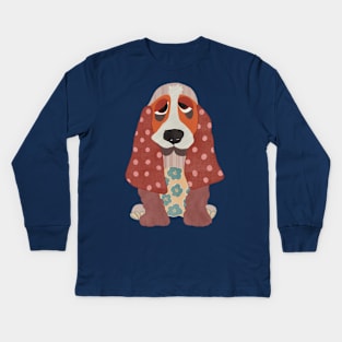Hamish the Appliqué Patchwork Basset Hound Puppy with florals and polka dots Kids Long Sleeve T-Shirt